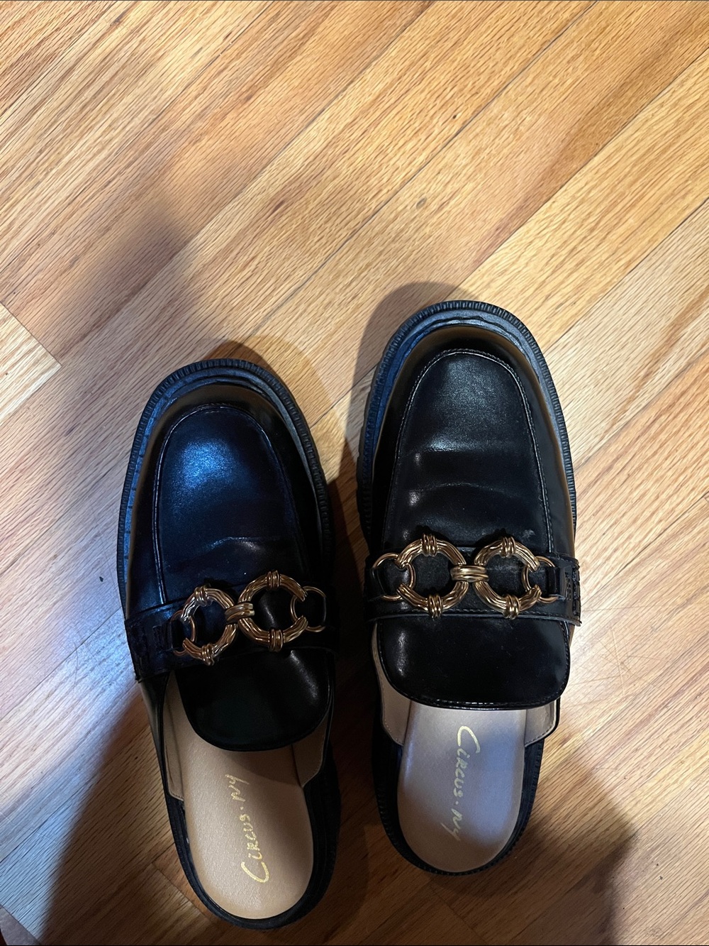 Circus by Sam Edelman Black Leather Mule Loafers with Gold Chain Accent